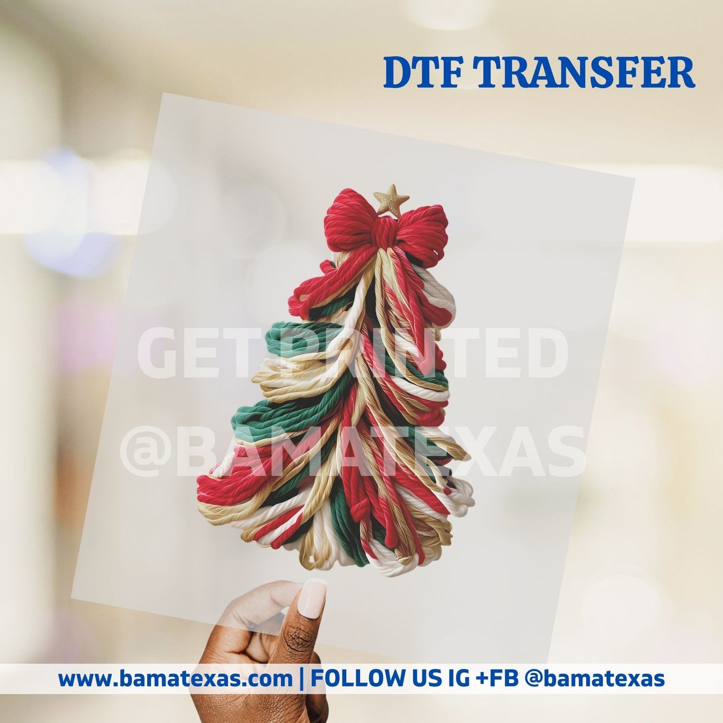 Yarn-textured Christmas tree in red, green, gold, and white